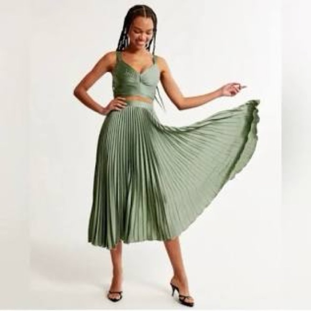 Abercrombie & Fitch Olive Green Pleated Crop Top and Skirt Set